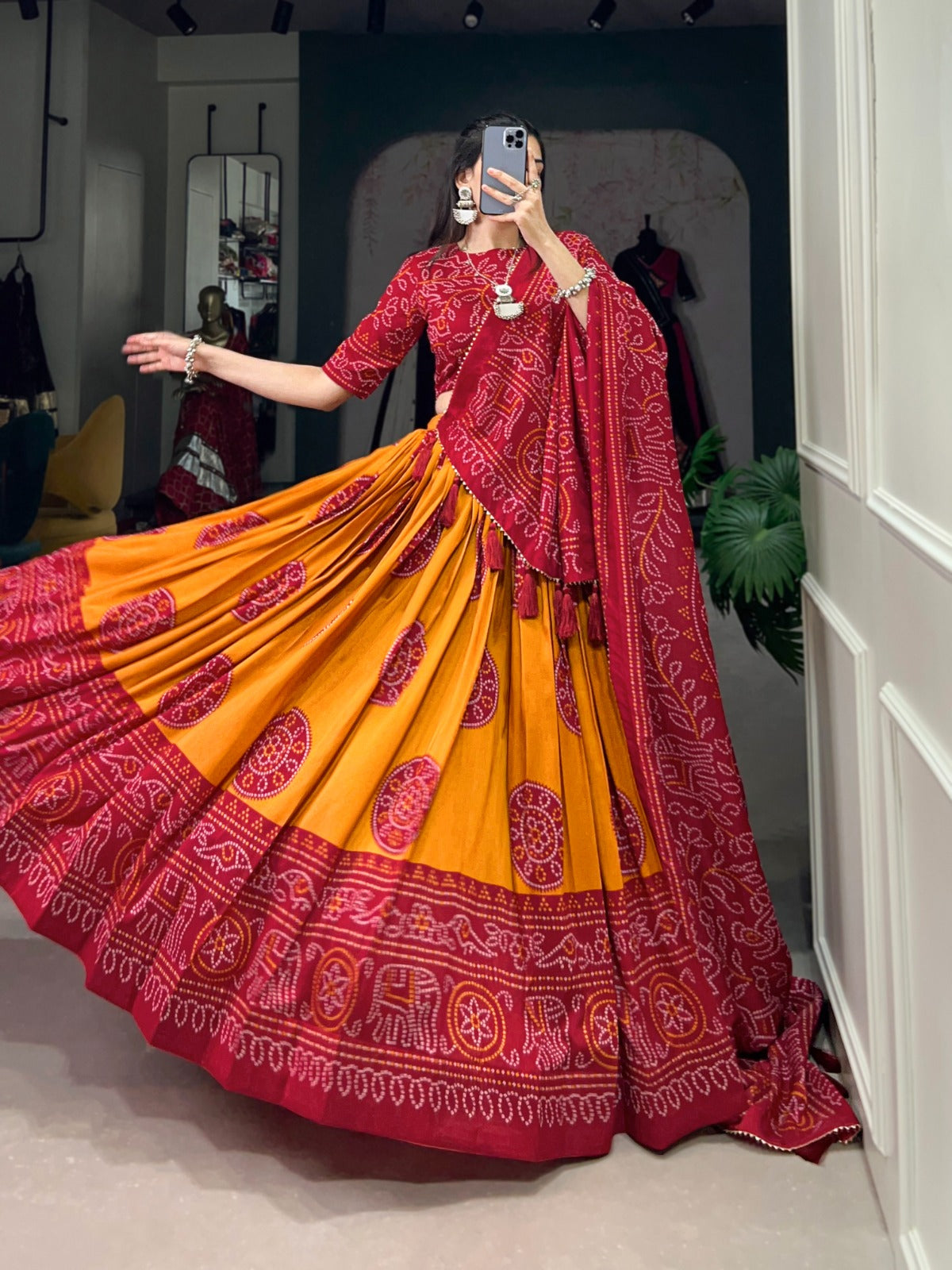Mustard Tussar Silk Bandhej Printed  with Gotta Patti Border Lehenga Choli