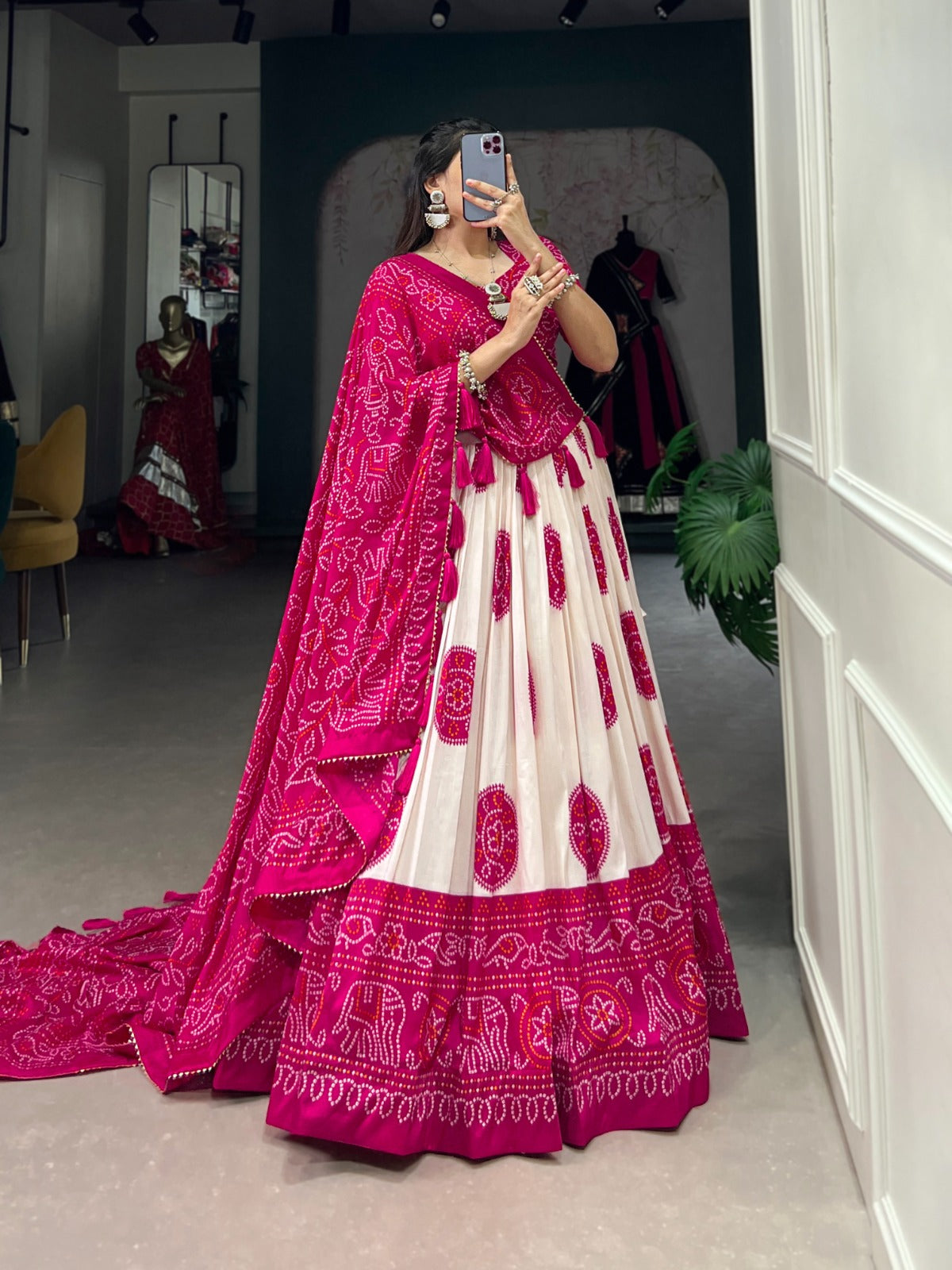 Pink Tussar Silk Bandhej Printed  with Gotta Patti Border Lehenga Choli