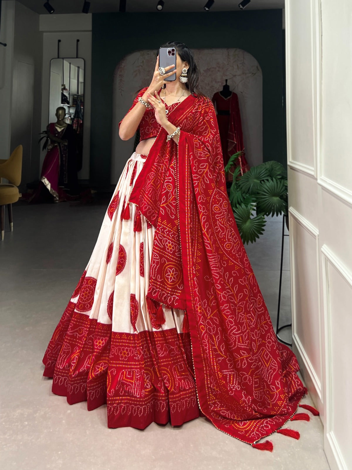 Red Tussar Silk Bandhej Printed  with Gotta Patti Border Lehenga Choli
