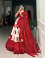 Red Tussar Silk Bandhej Printed  with Gotta Patti Border Lehenga Choli