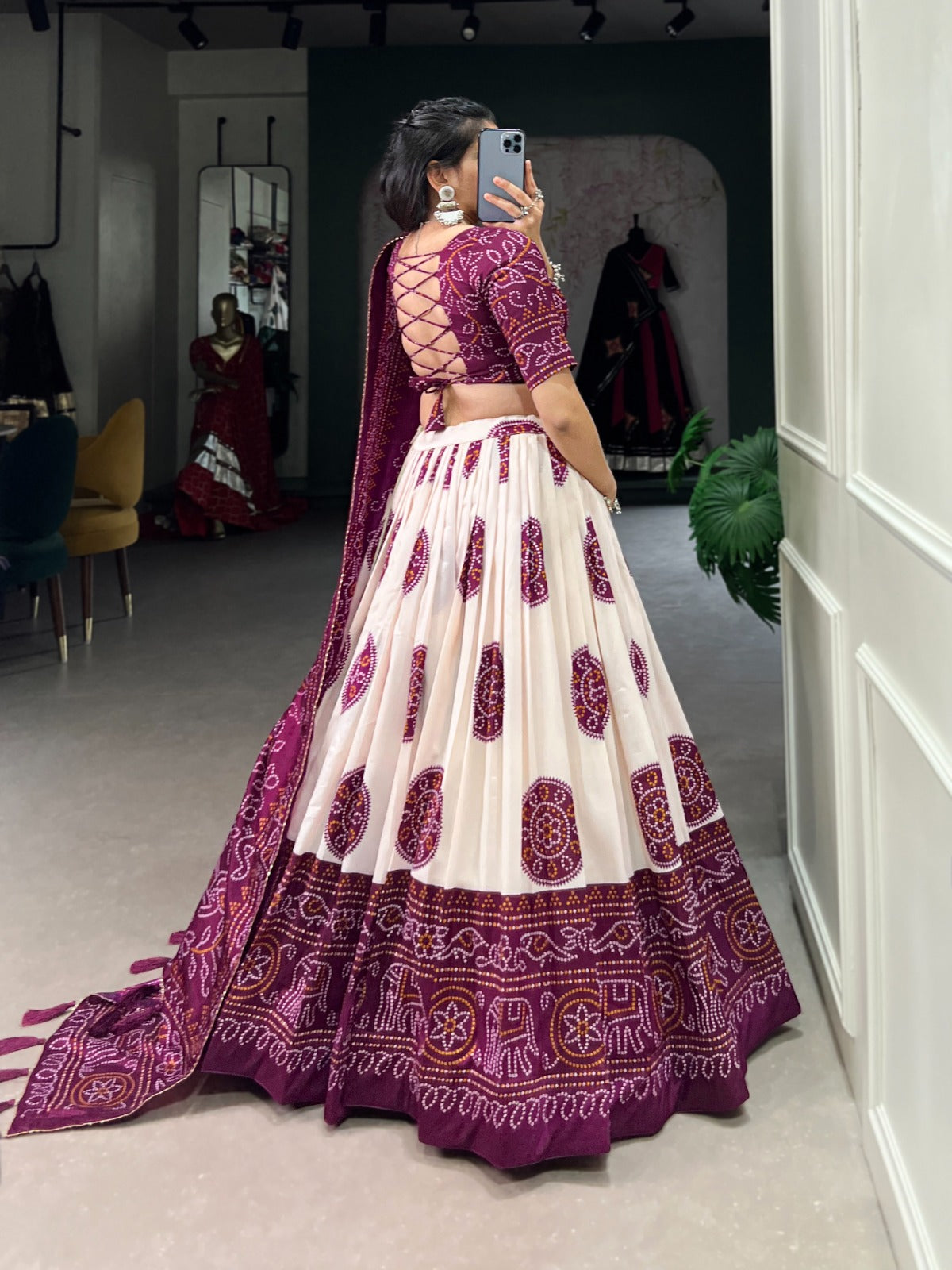 Wine Tussar Silk Bandhej Printed  with Gotta Patti Border Lehenga Choli