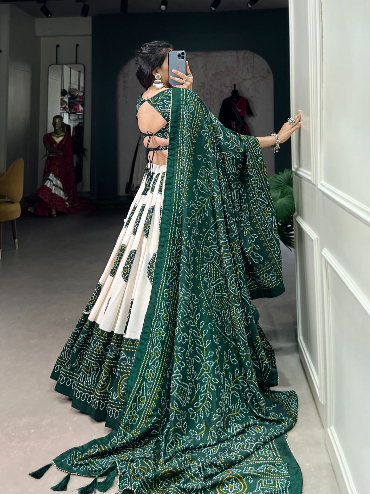 Green Tussar Silk Bandhej Printed  with Gotta Patti Border Lehenga Choli