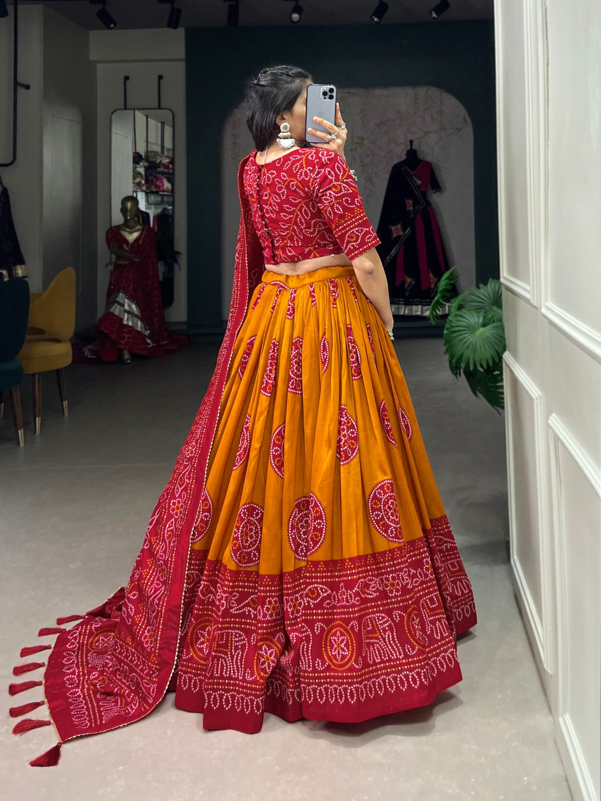 Mustard Tussar Silk Bandhej Printed  with Gotta Patti Border Lehenga Choli