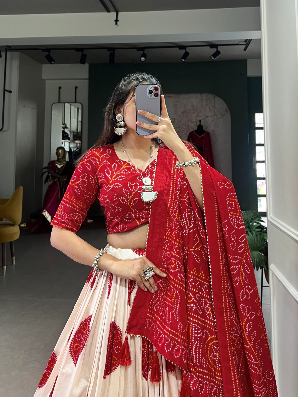 Red Tussar Silk Bandhej Printed  with Gotta Patti Border Lehenga Choli
