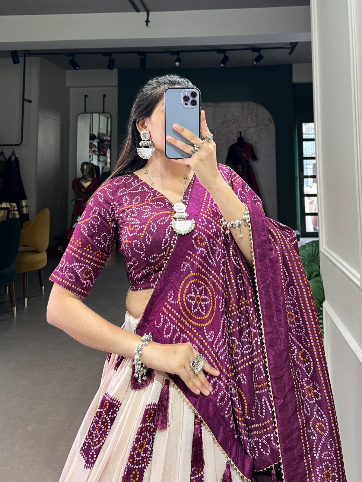 Wine Tussar Silk Bandhej Printed  with Gotta Patti Border Lehenga Choli