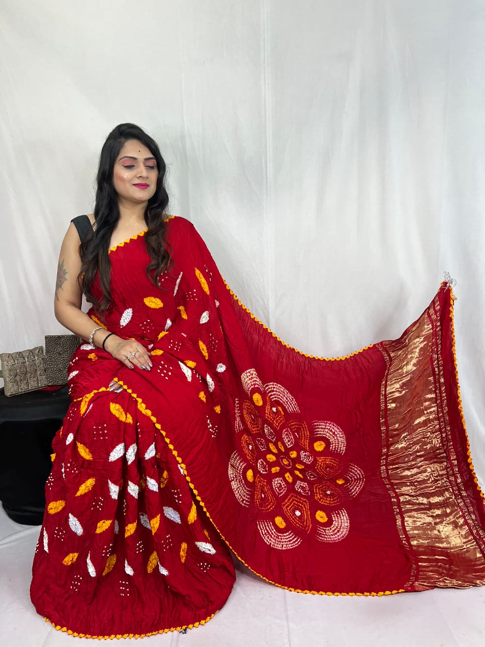 Shibori Red modal silk Bandhani border With Zari Pallu Saree