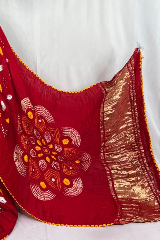 Shibori Red modal silk Bandhani border With Zari Pallu Saree