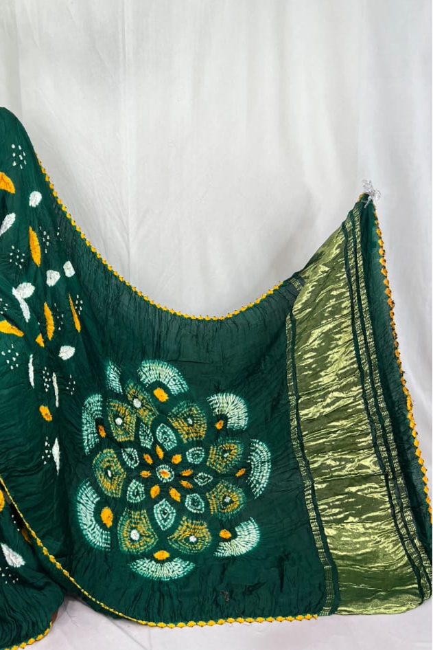Shibori Green modal silk Bandhani border With Zari Pallu Saree