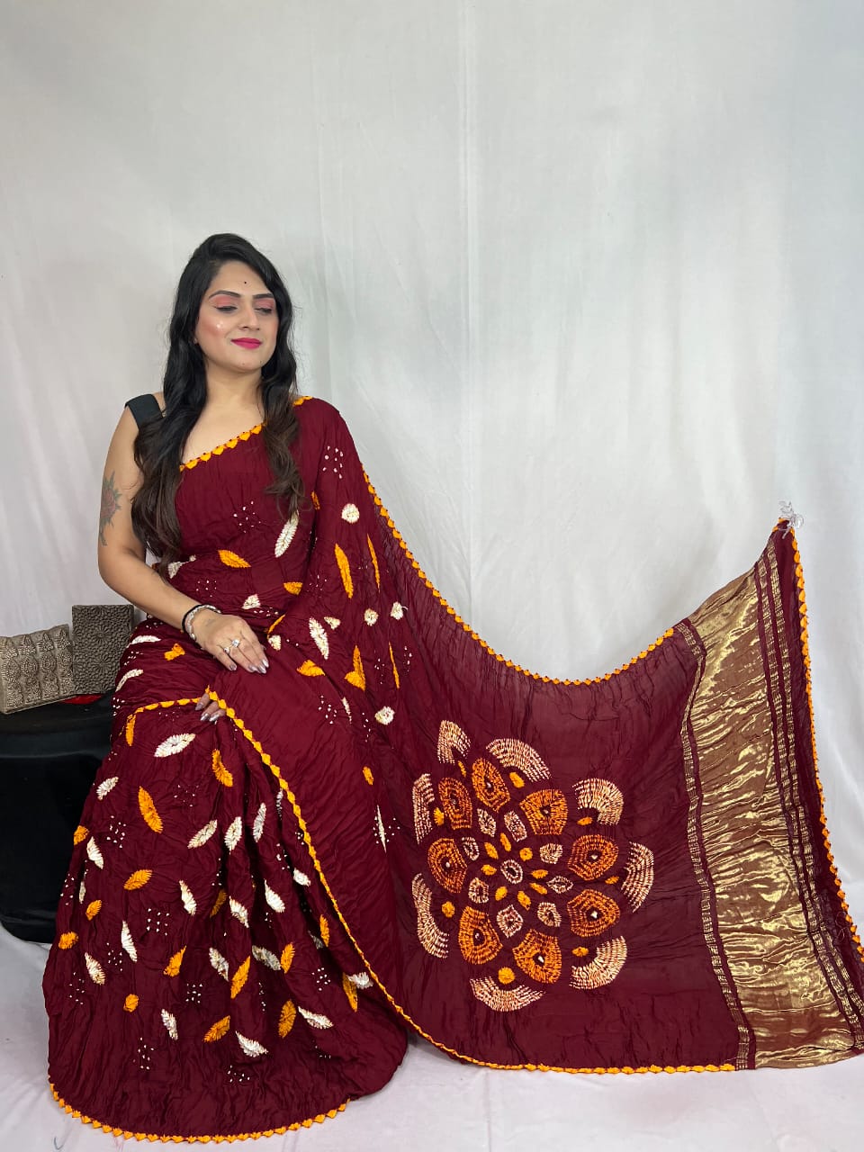 Shibori Maroon modal silk Bandhani border With Zari Pallu Saree