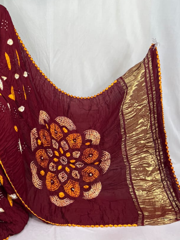 Shibori Maroon modal silk Bandhani border With Zari Pallu Saree