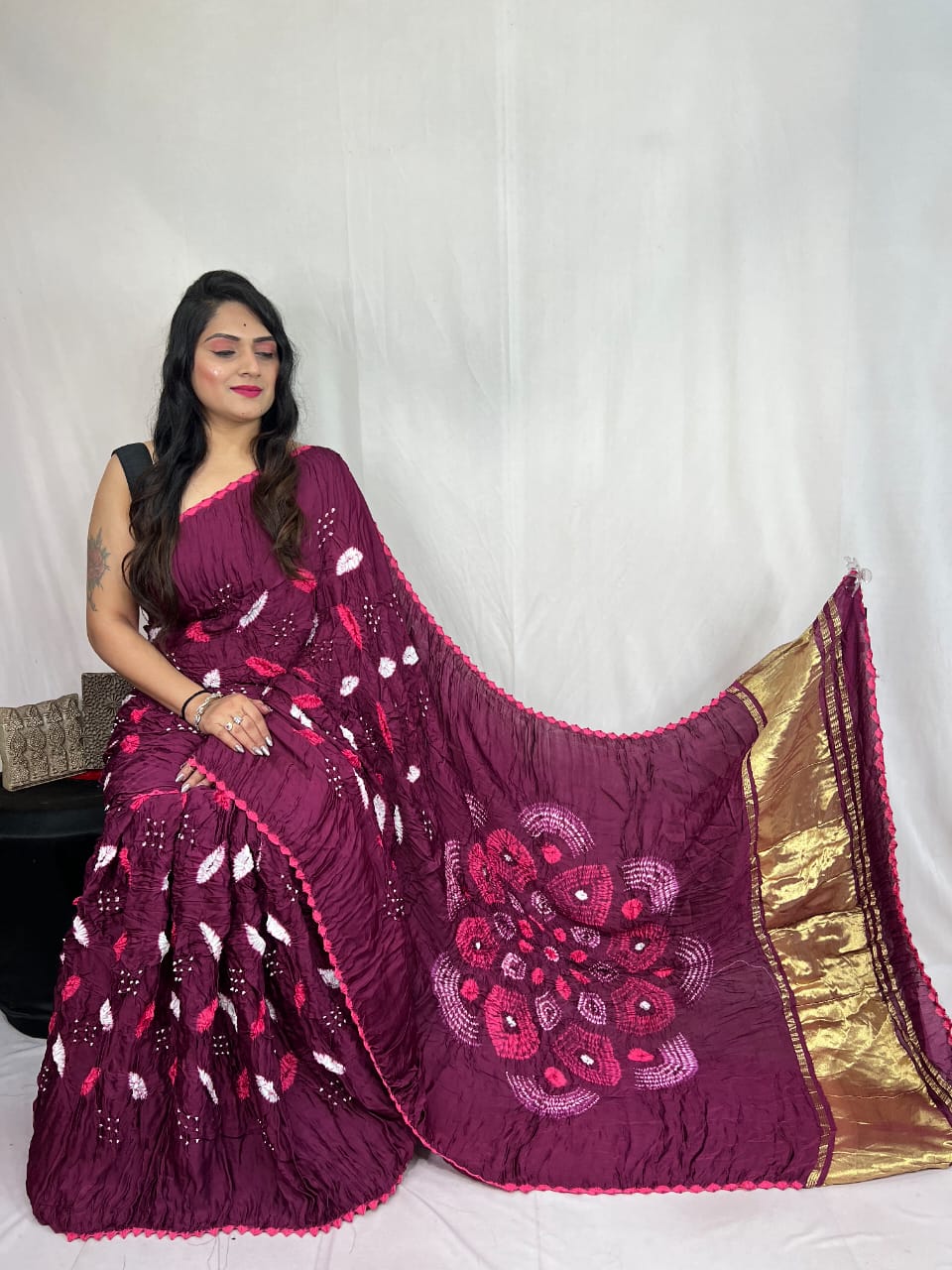 Shibori Purple modal silk Bandhani border With Zari Pallu Saree