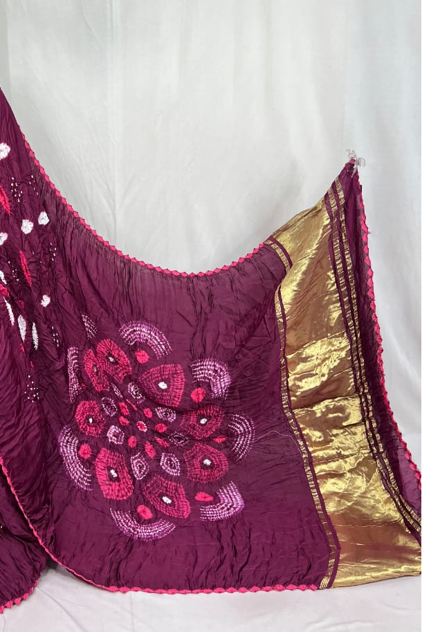 Shibori Purple modal silk Bandhani border With Zari Pallu Saree