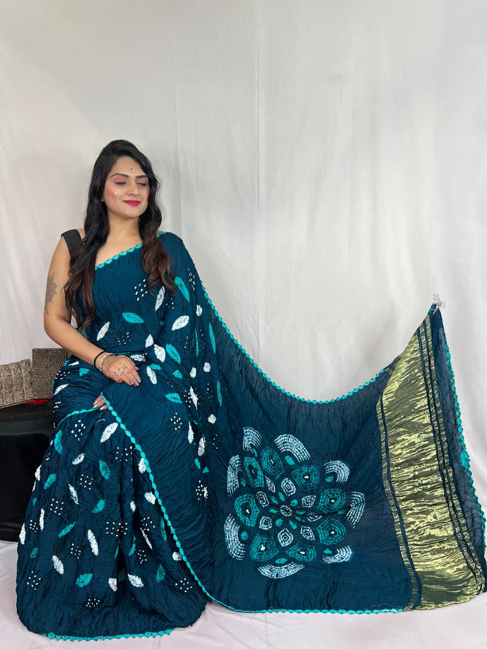 Shibori Indogo modal silk Bandhani border With Zari Pallu Saree