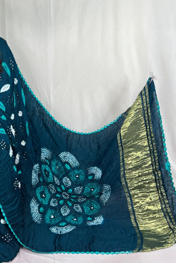 Shibori Indogo modal silk Bandhani border With Zari Pallu Saree