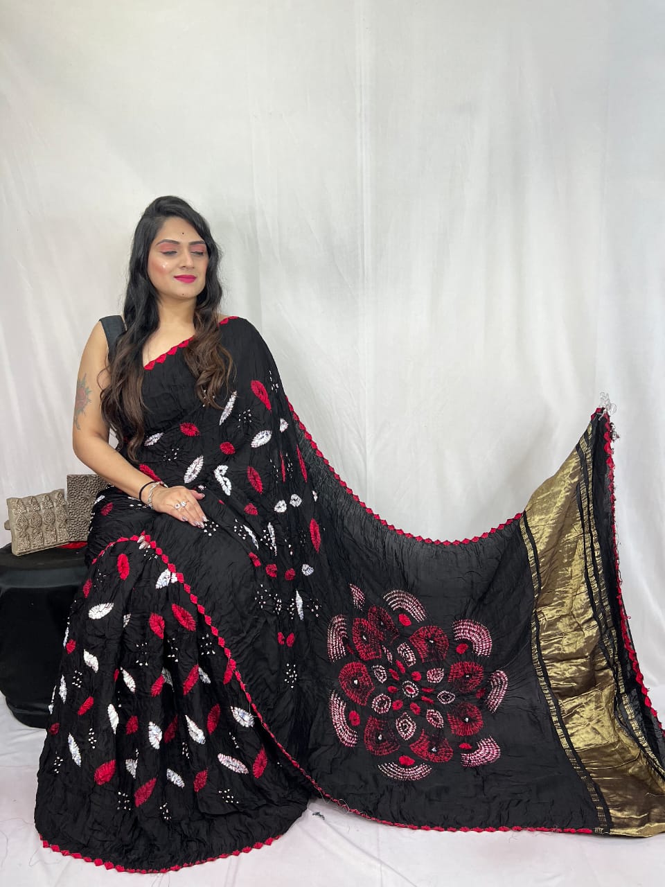 Shibori Black modal silk Bandhani border With Zari Pallu Saree