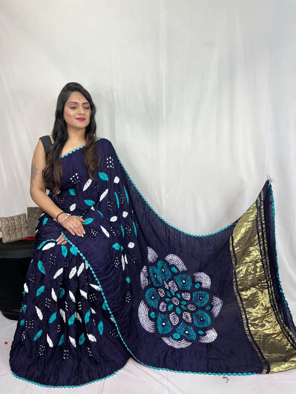 Shibori Navy Blue modal silk Bandhani border With Zari Pallu Saree