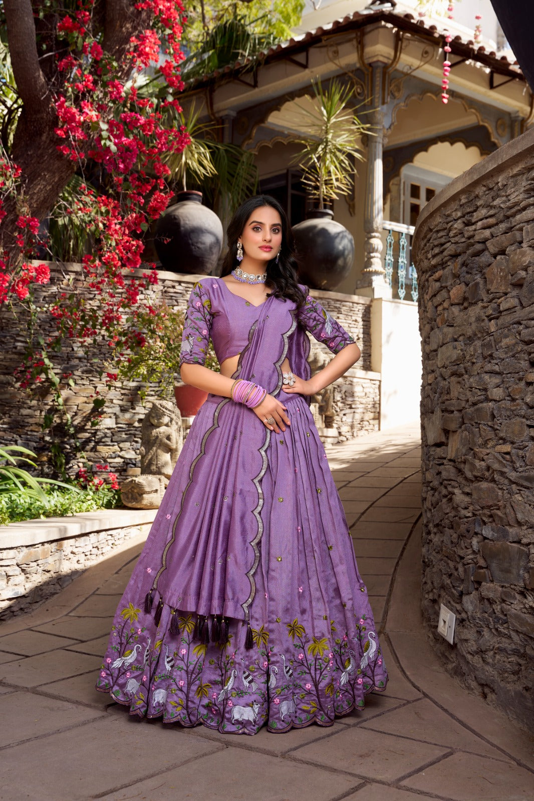 Lavender Vichitra Simmer Sequins and Thread Embroidery Work Lehenga Choli