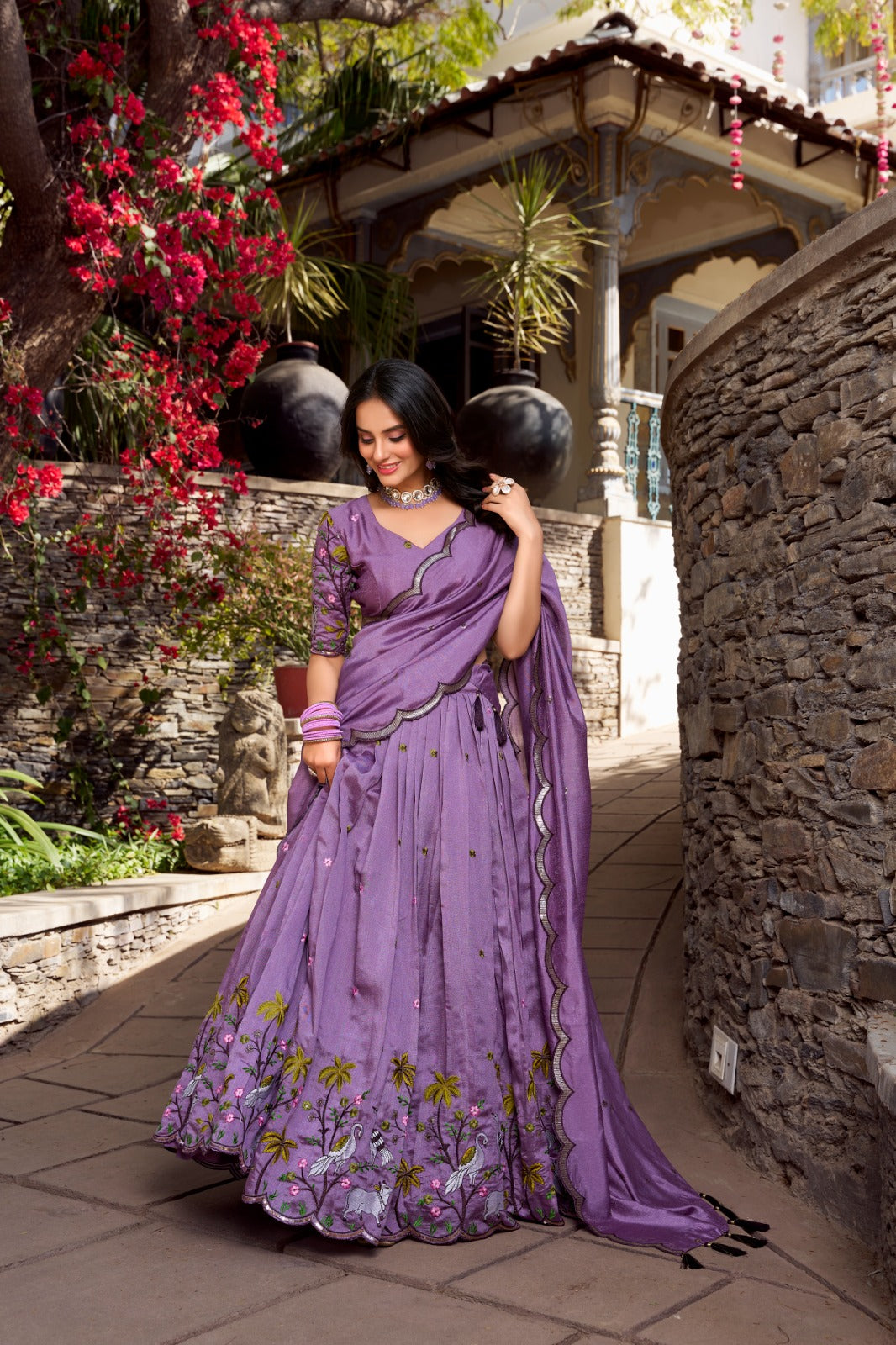 Lavender Vichitra Simmer Sequins and Thread Embroidery Work Lehenga Choli