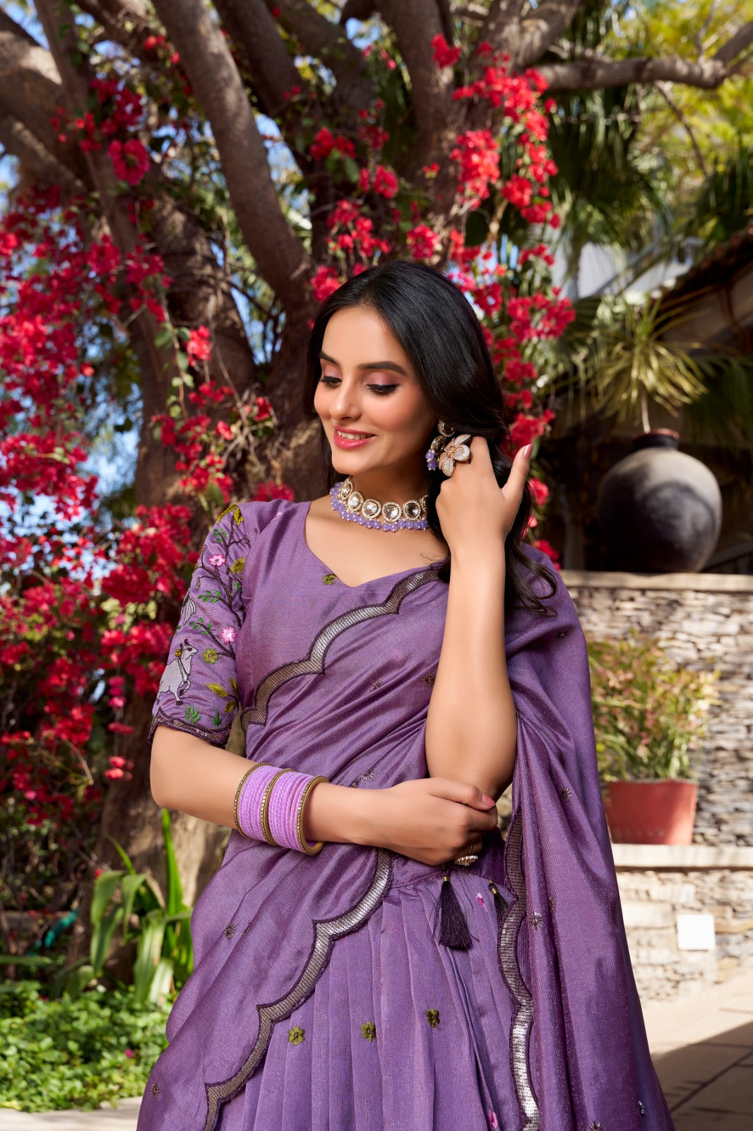 Lavender Vichitra Simmer Sequins and Thread Embroidery Work Lehenga Choli