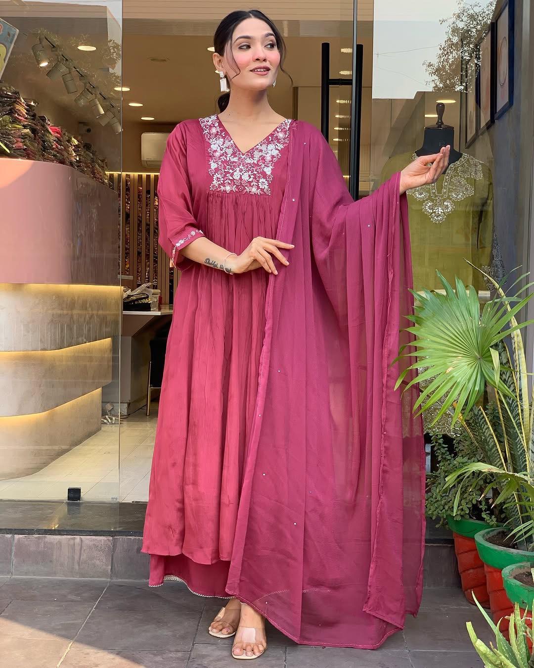 Attractive Deep Rose Viscose Chinon With Embroidery Work Suit Set