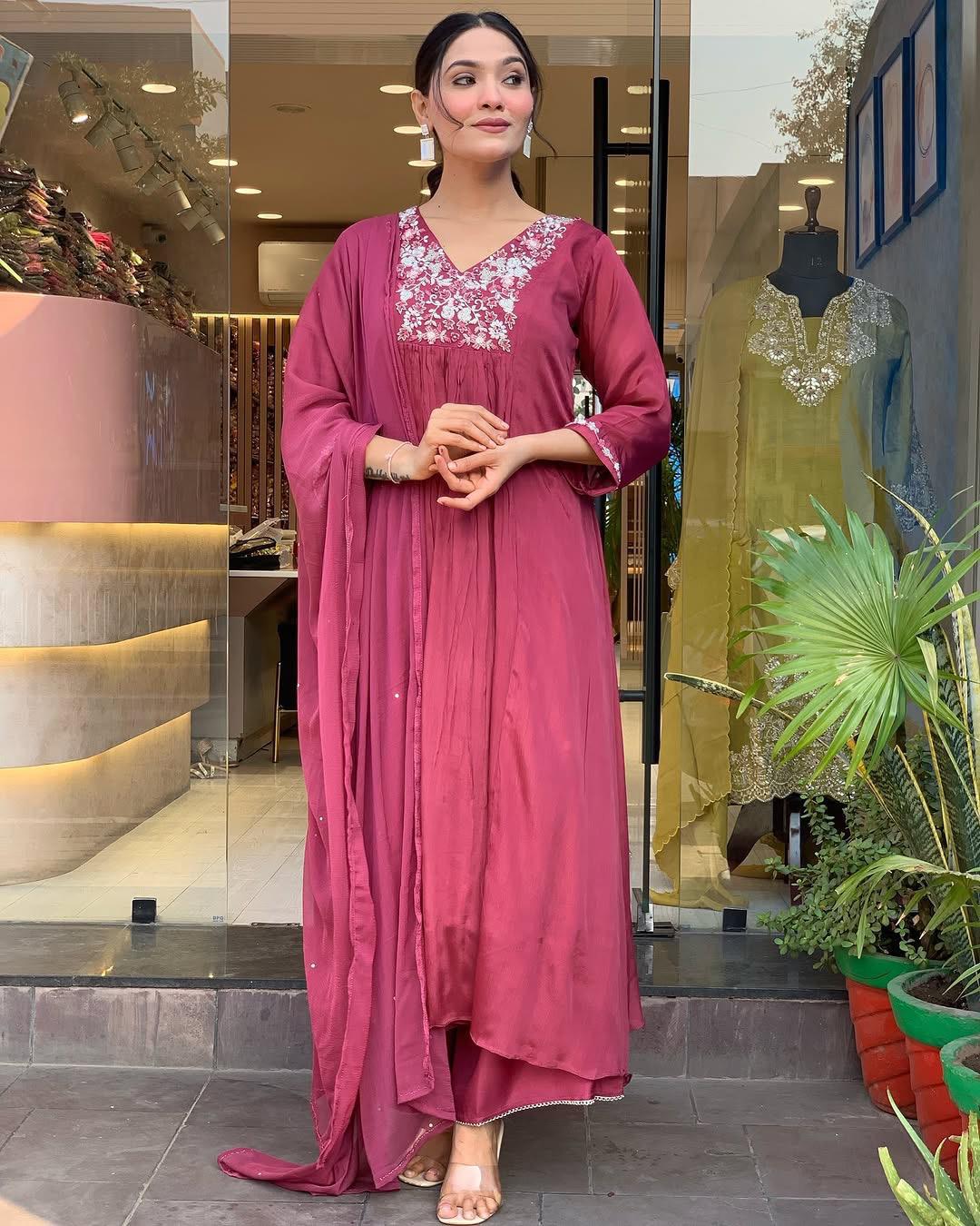 Attractive Deep Rose Viscose Chinon With Embroidery Work Suit Set