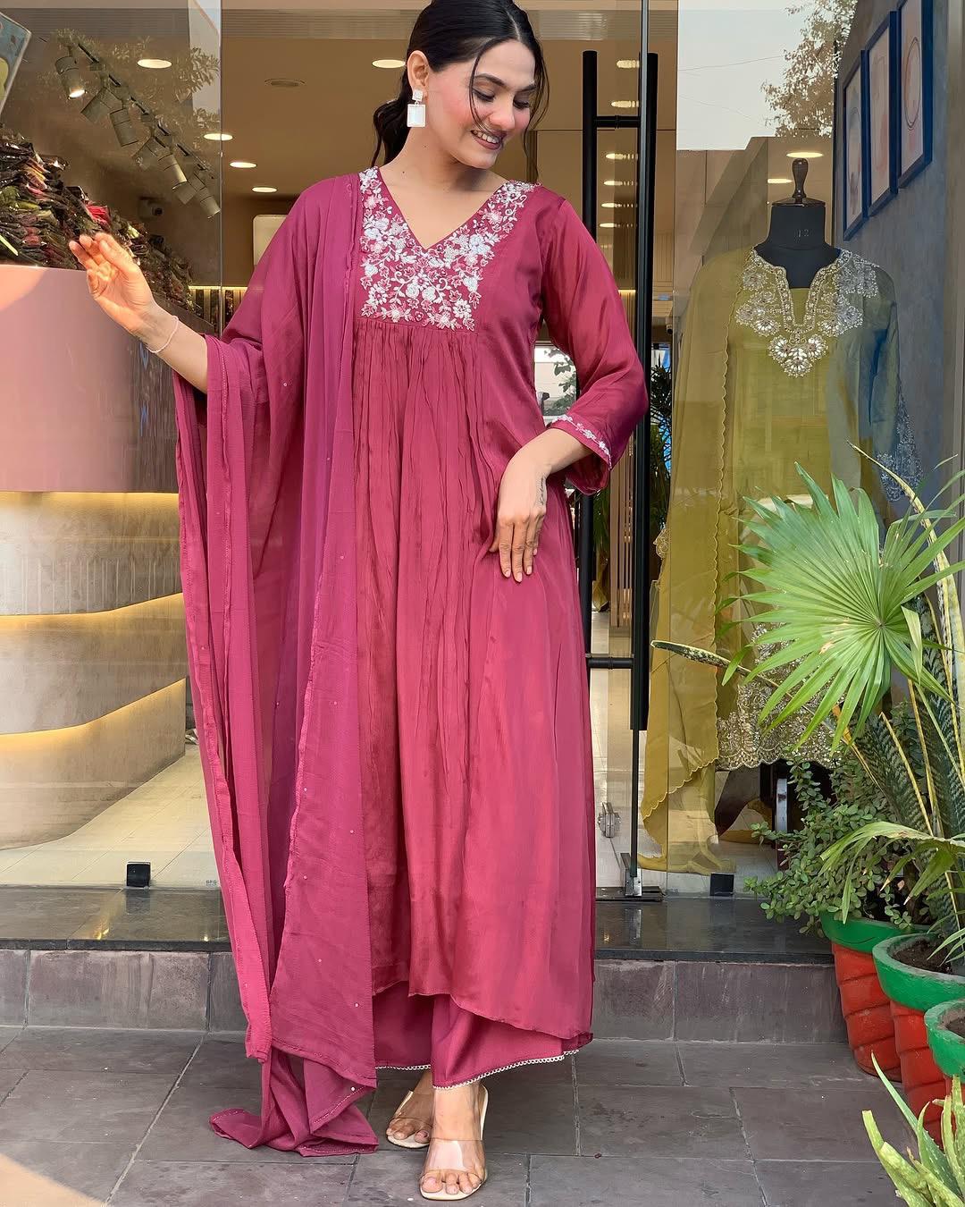 Attractive Deep Rose Viscose Chinon With Embroidery Work Suit Set