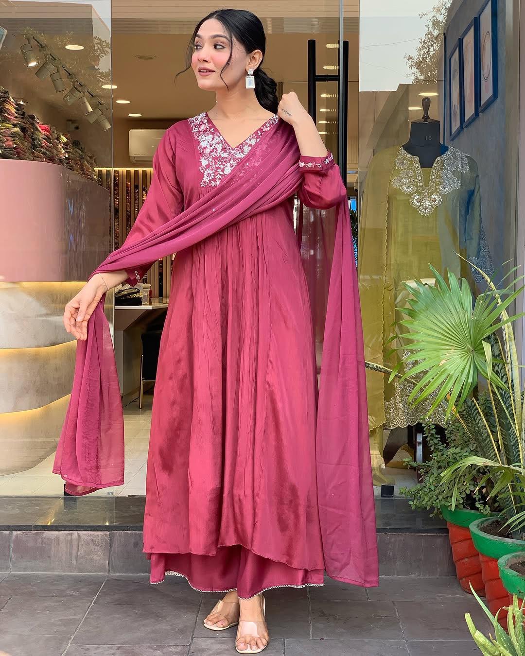 Attractive Deep Rose Viscose Chinon With Embroidery Work Suit Set