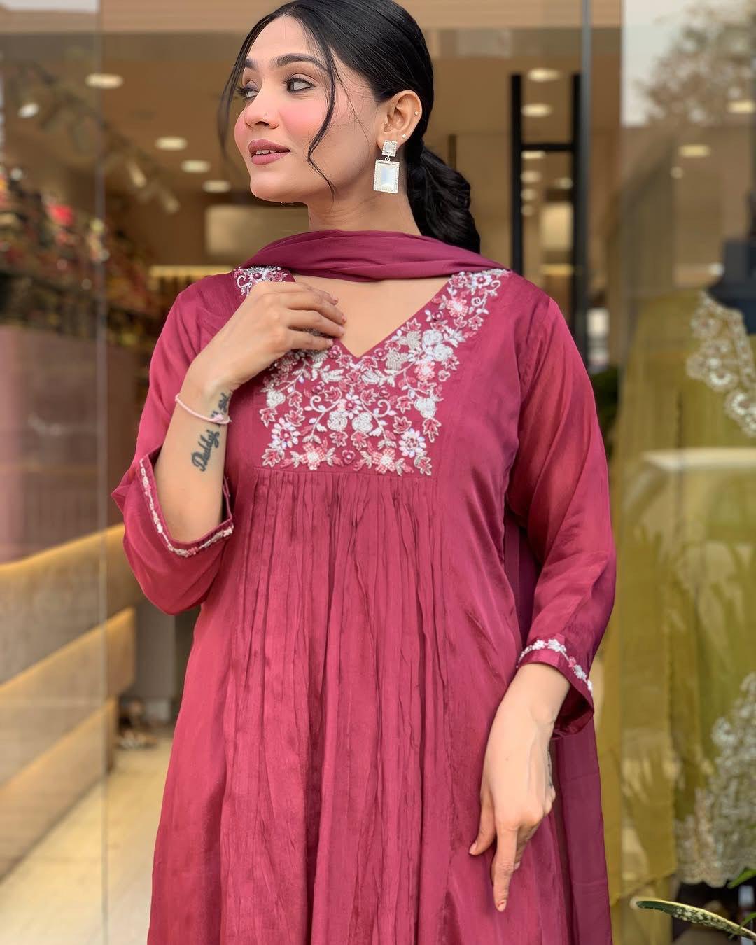 Attractive Deep Rose Viscose Chinon With Embroidery Work Suit Set