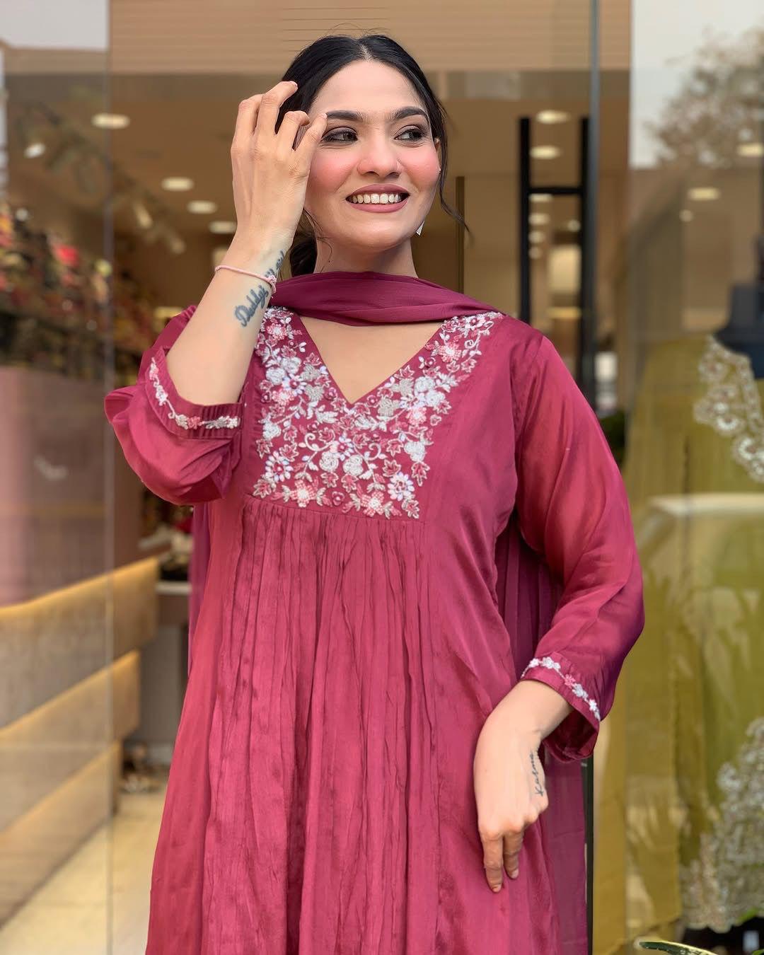 Attractive Deep Rose Viscose Chinon With Embroidery Work Suit Set