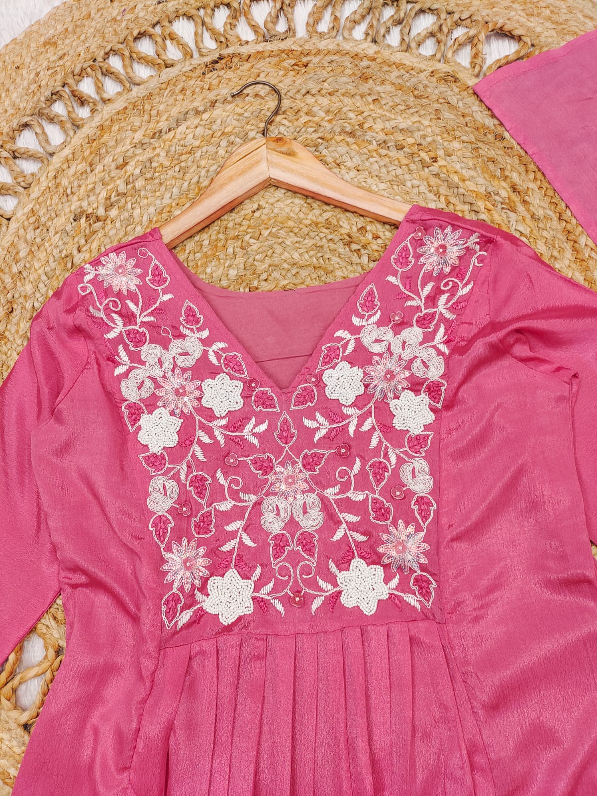 Attractive Deep Rose Viscose Chinon With Embroidery Work Suit Set