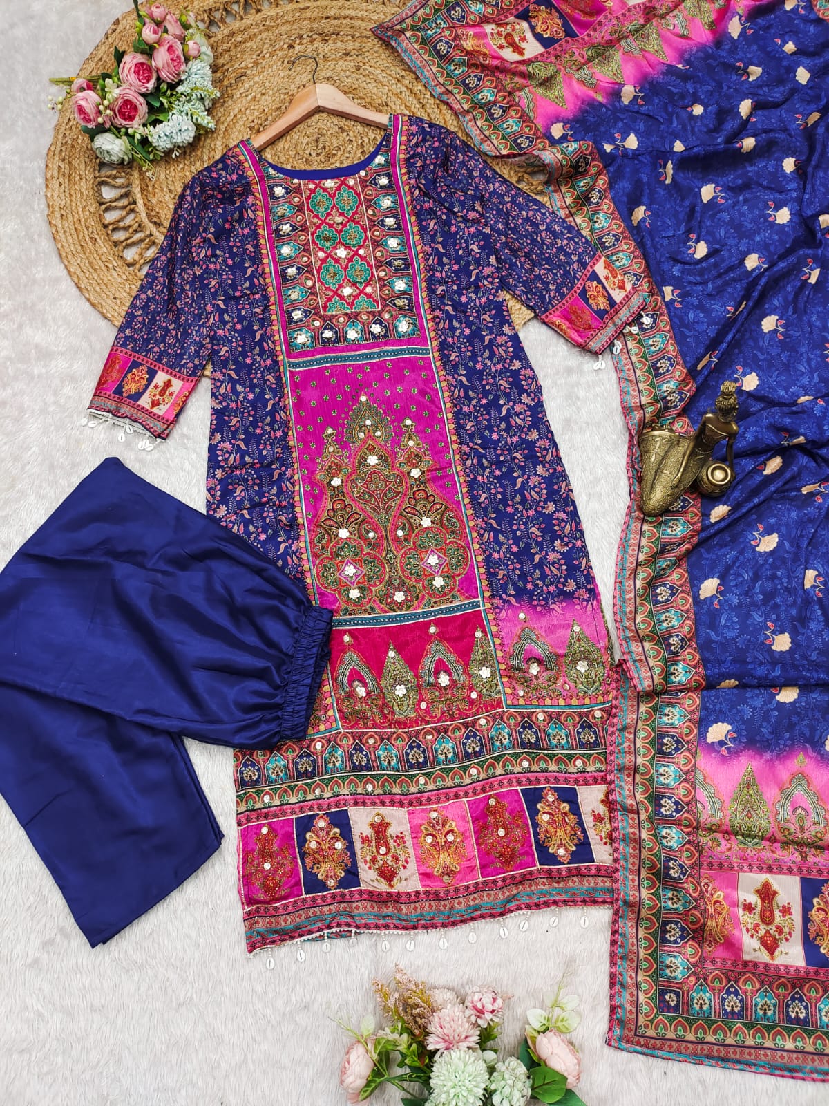 Epiphany Blue Chinon With Gota And Cowry Suit Set