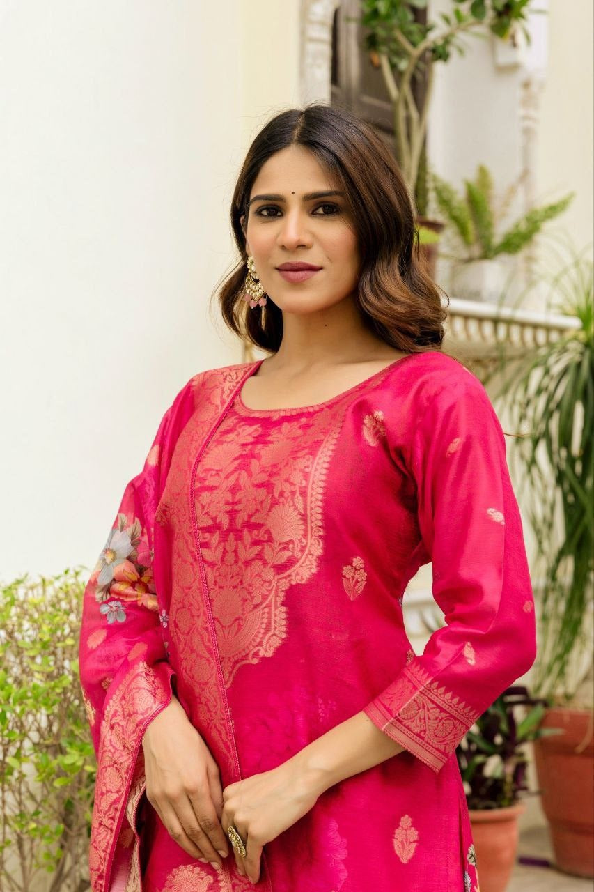 Scrupulous Hot Pink Viscose Chanderi Silk Zari Weaving Suit Set