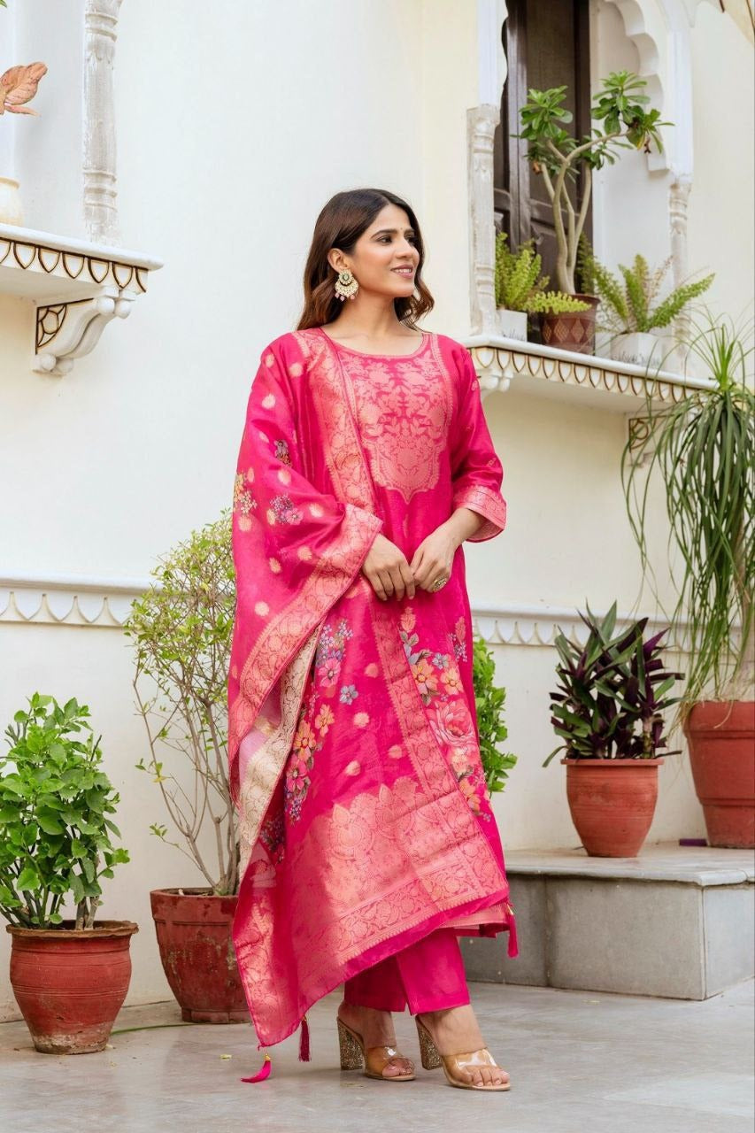Scrupulous Hot Pink Viscose Chanderi Silk Zari Weaving Suit Set