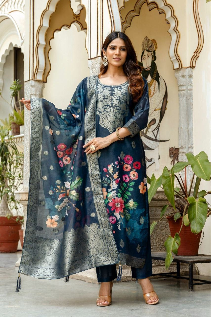 Glamorou Navy Blue Viscose Chanderi Silk Zari Weaving Suit Set