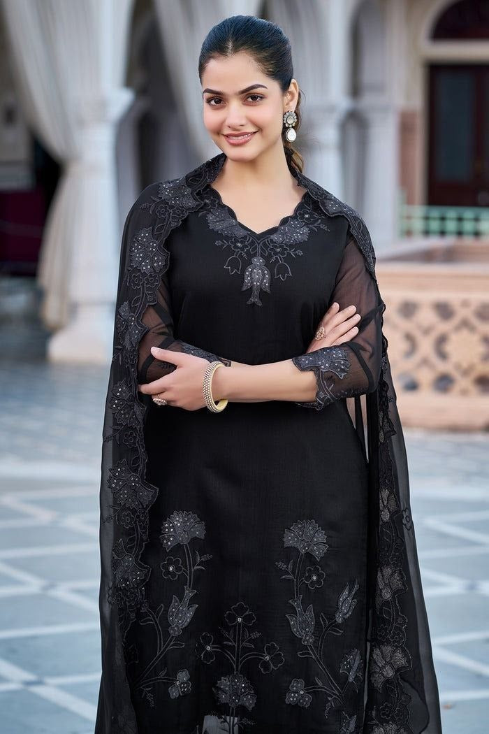 Diaphanous Black Gerogette Sequence Embroidered Work Suit Set