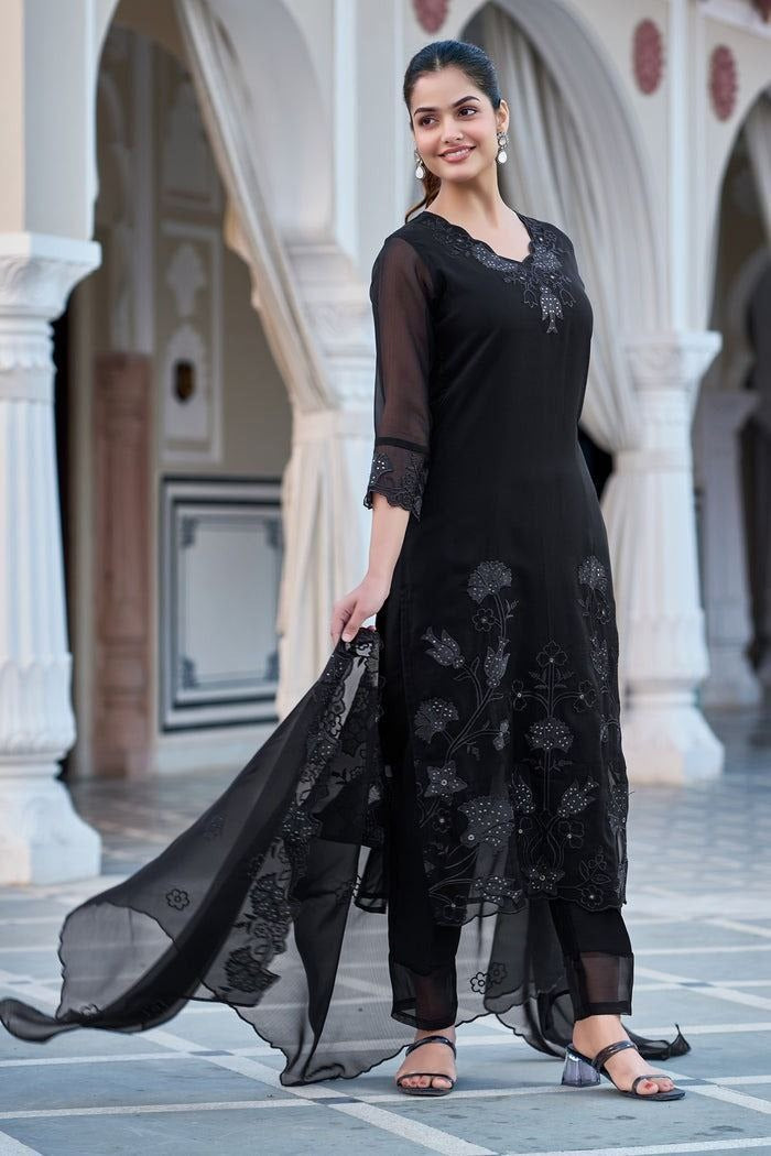 Diaphanous Black Gerogette Sequence Embroidered Work Suit Set