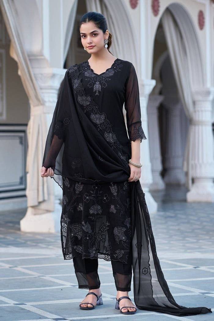 Diaphanous Black Gerogette Sequence Embroidered Work Suit Set
