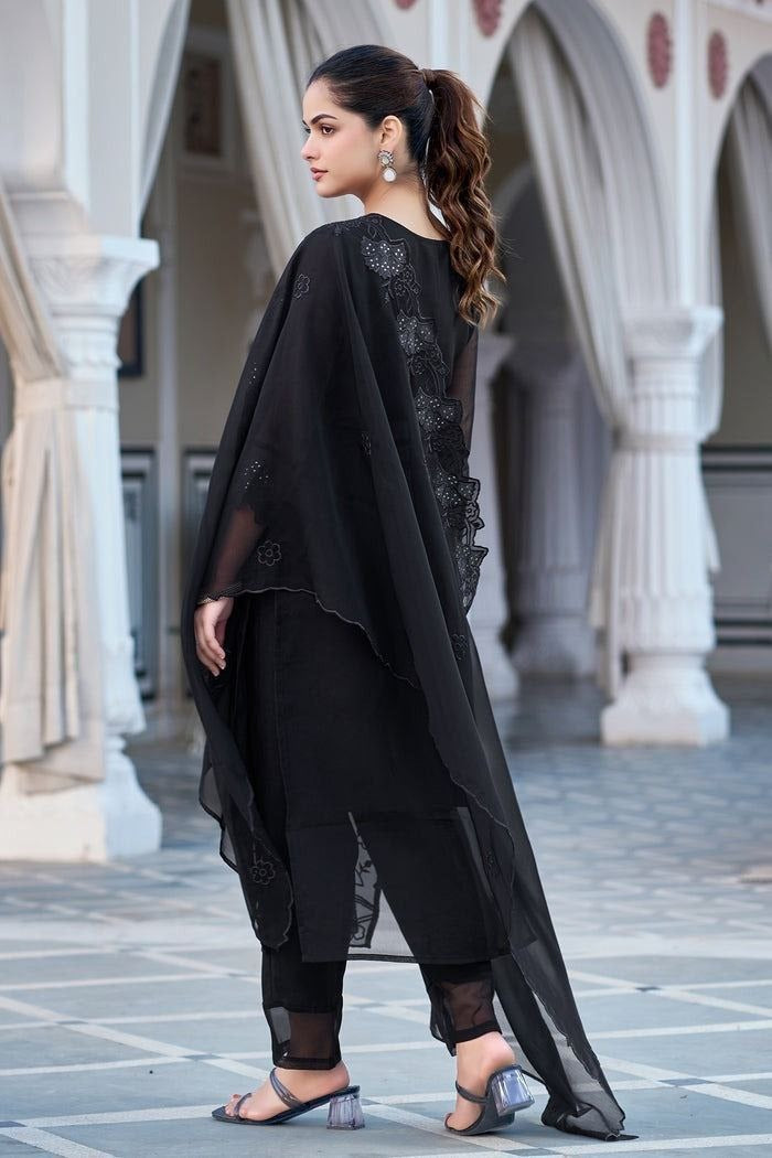 Diaphanous Black Gerogette Sequence Embroidered Work Suit Set