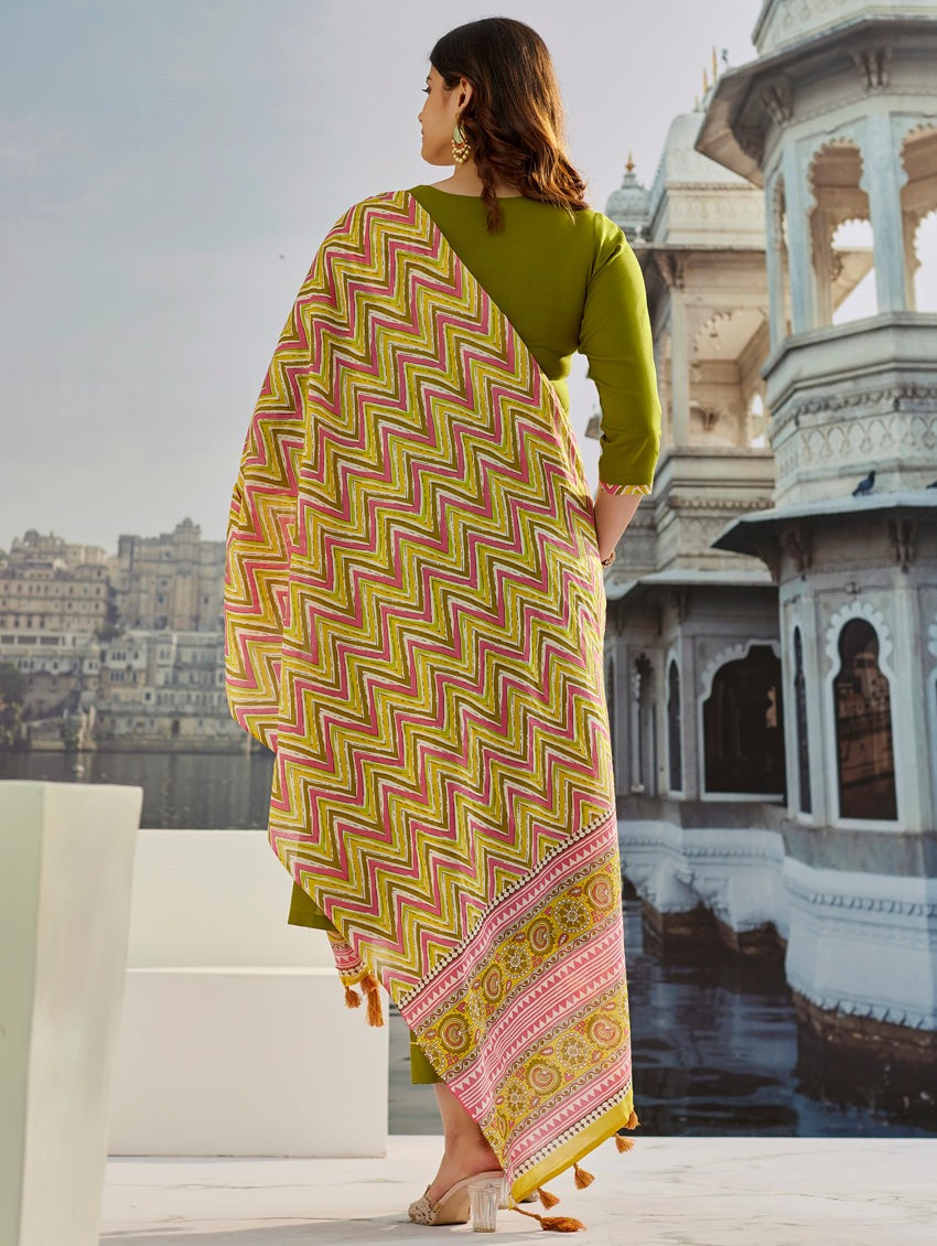 Intricate Mehandi Muslin Cotton Embroidery With Printed Border Suit Set