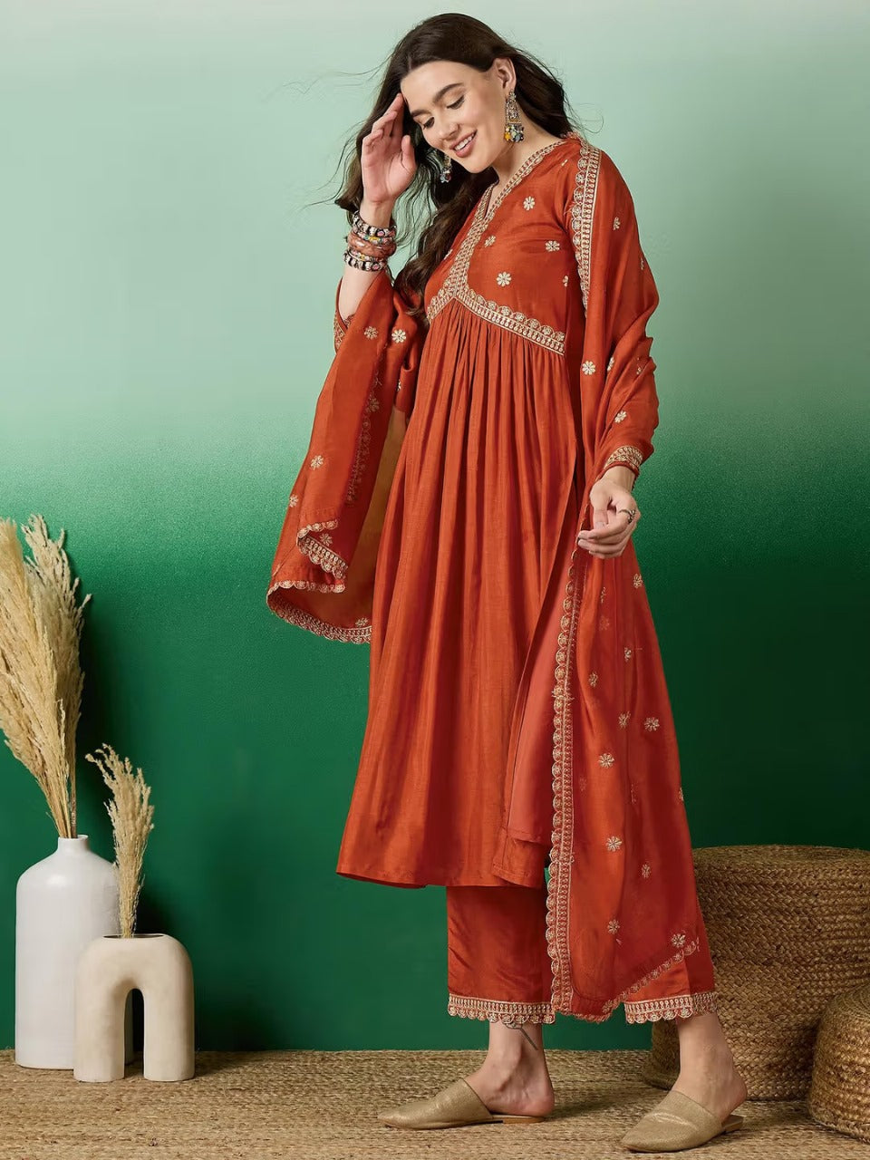 Ratatouille Orange Muslin Silk Embroidery Work Suit Set