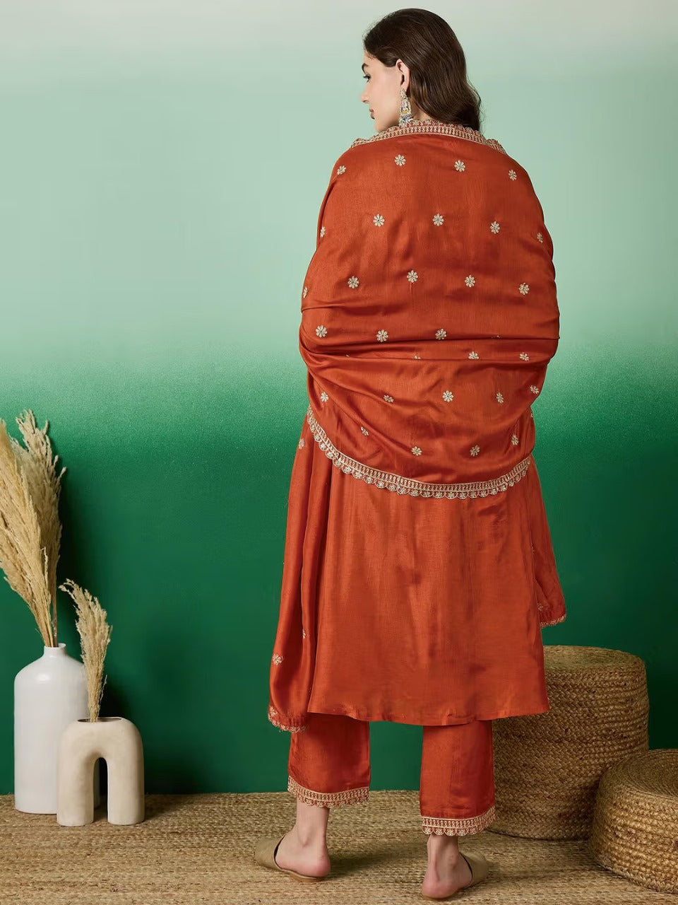Ratatouille Orange Muslin Silk Embroidery Work Suit Set