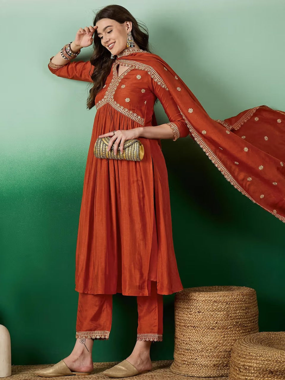 Ratatouille Orange Muslin Silk Embroidery Work Suit Set
