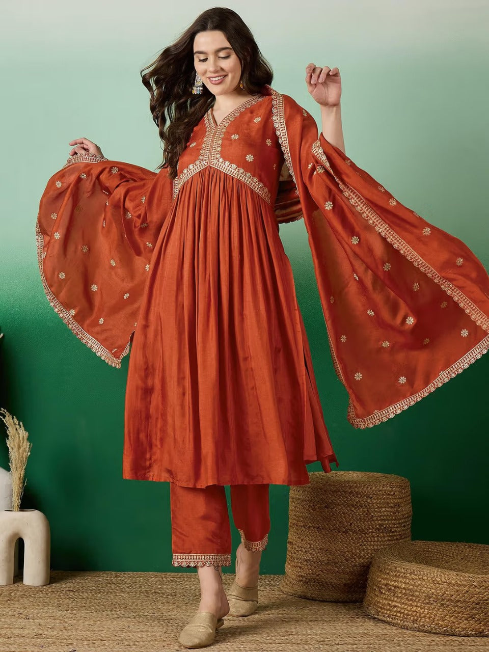 Ratatouille Orange Muslin Silk Embroidery Work Suit Set