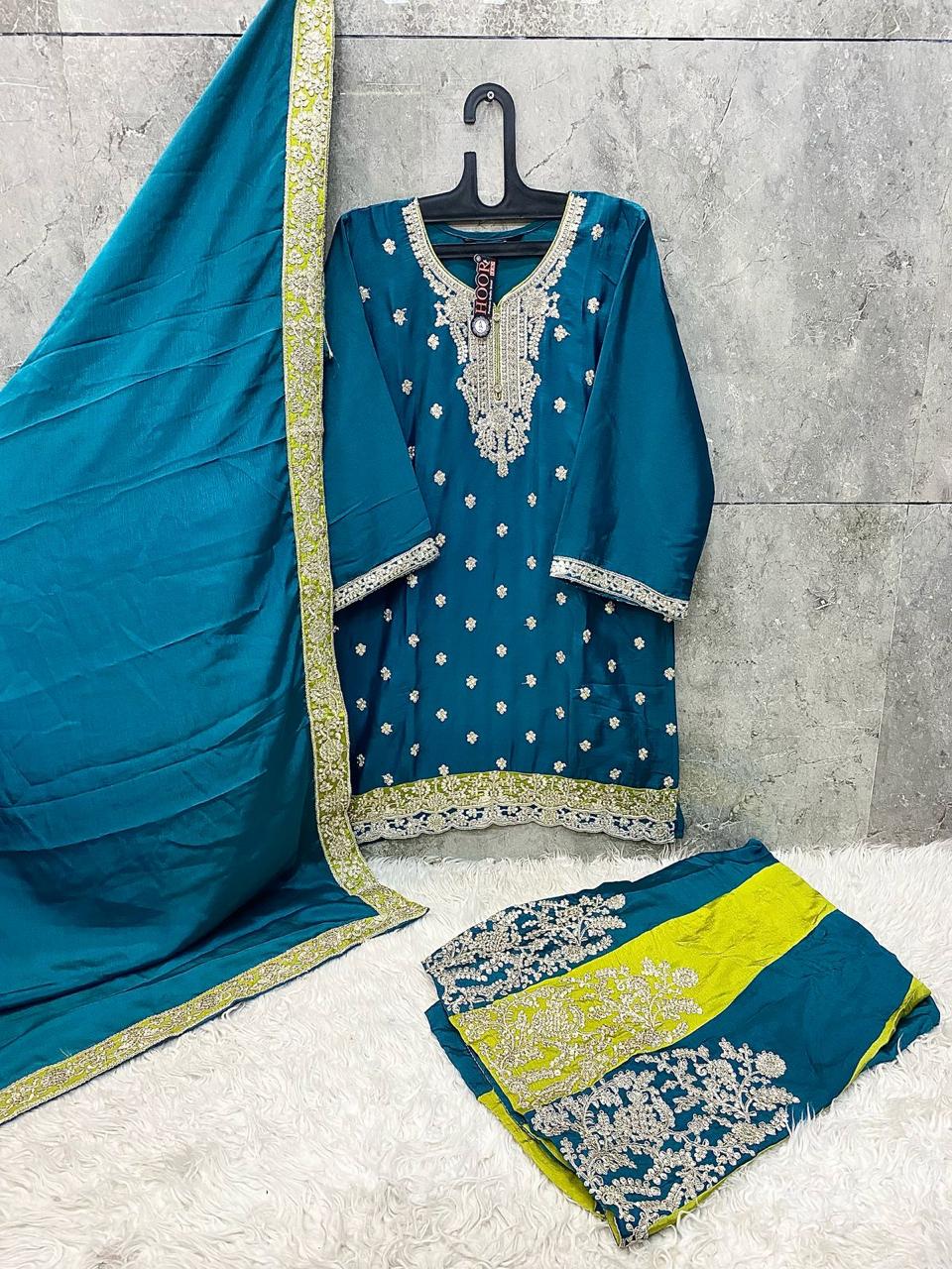 Attractive Navy Blue Chinon Embroidery Work With Plazzo Suit Set