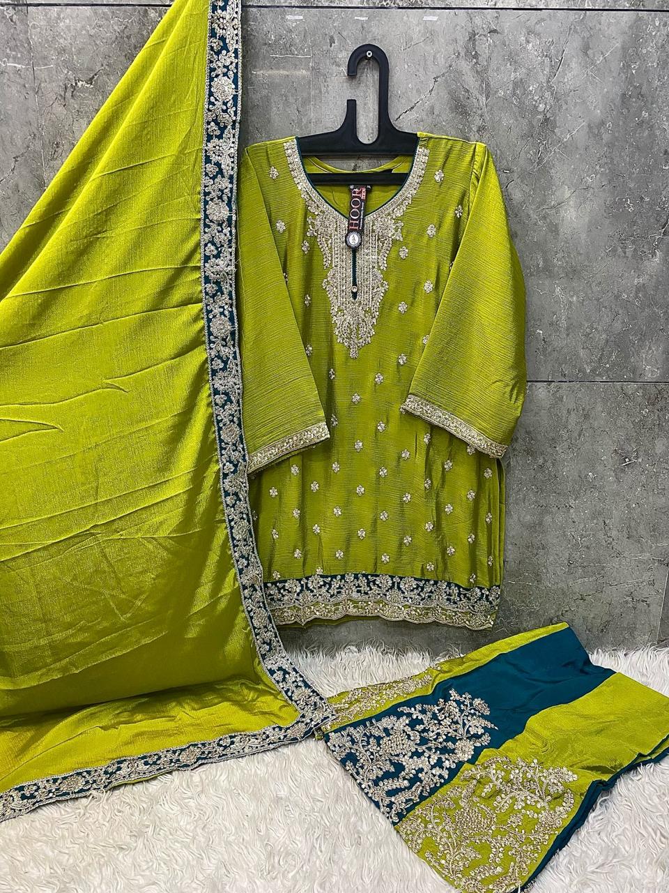 Adorning Mehandi Chinon Embroidery Work With Plazzo Suit Set