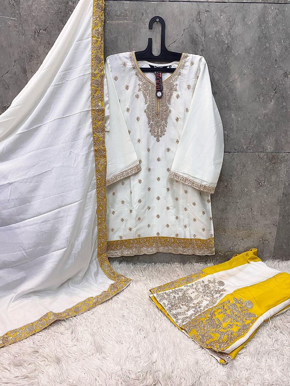 Charismatic Off White Chinon Embroidery Work With Plazzo Suit Set