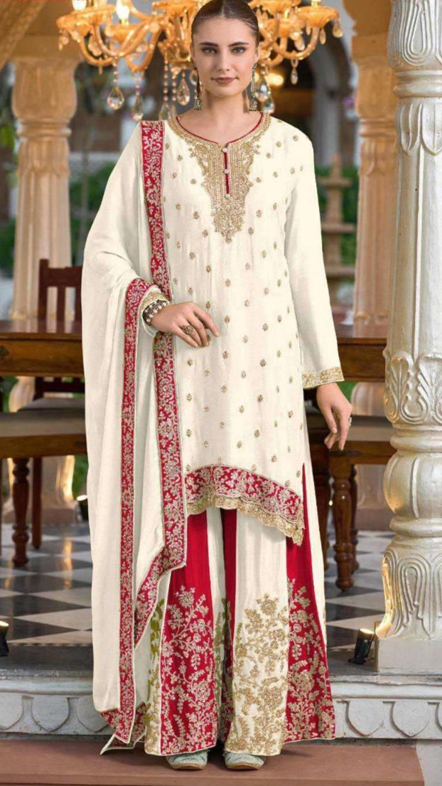 Piquant White Chinon Embroidery Work With Plazzo Suit Set