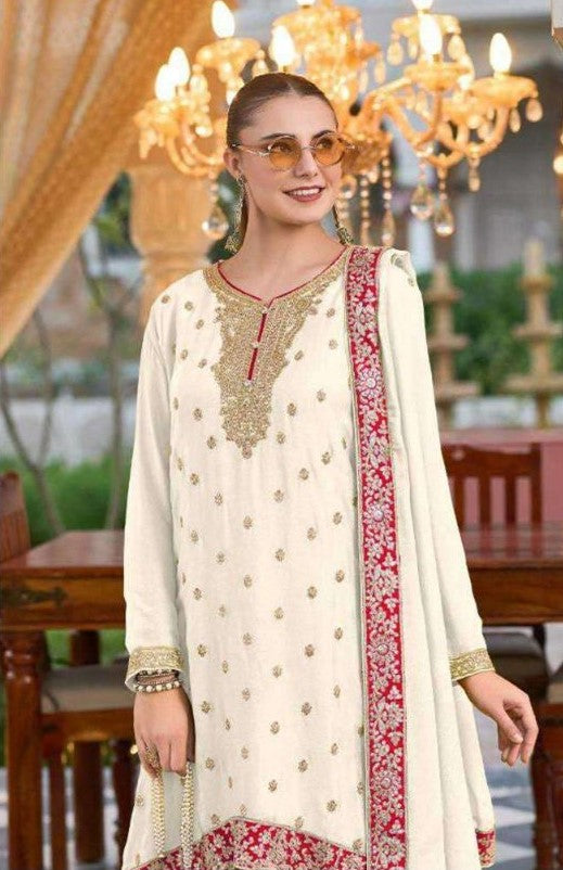 Piquant White Chinon Embroidery Work With Plazzo Suit Set
