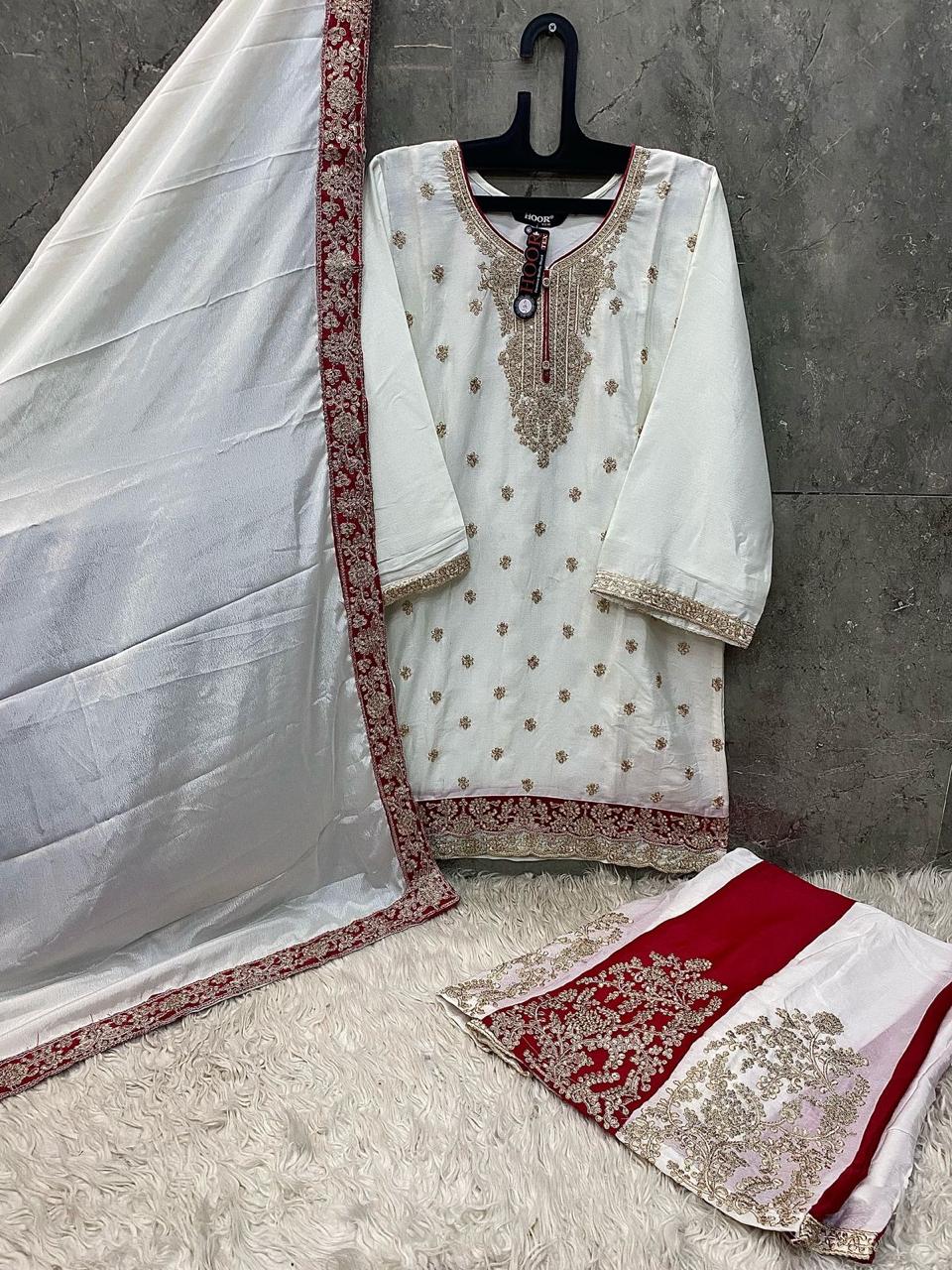 Piquant White Chinon Embroidery Work With Plazzo Suit Set
