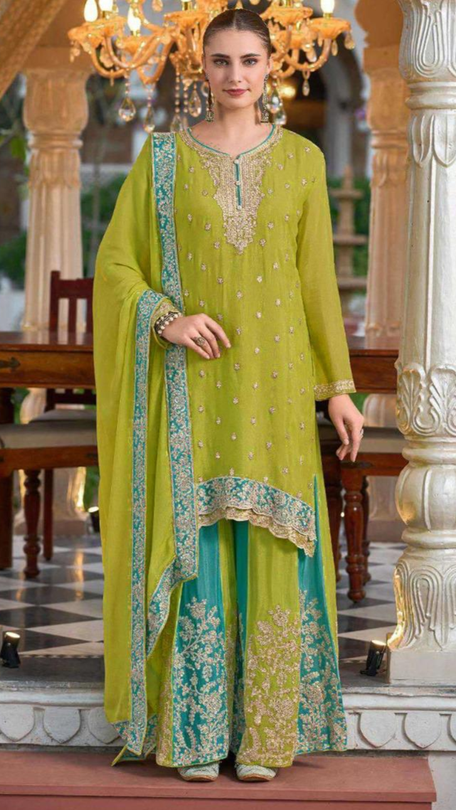 Adorning Mehandi Chinon Embroidery Work With Plazzo Suit Set
